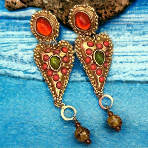Vintage 1990's Christian Lacroix France Heart Gold Tone Dangle Clip On Earrings